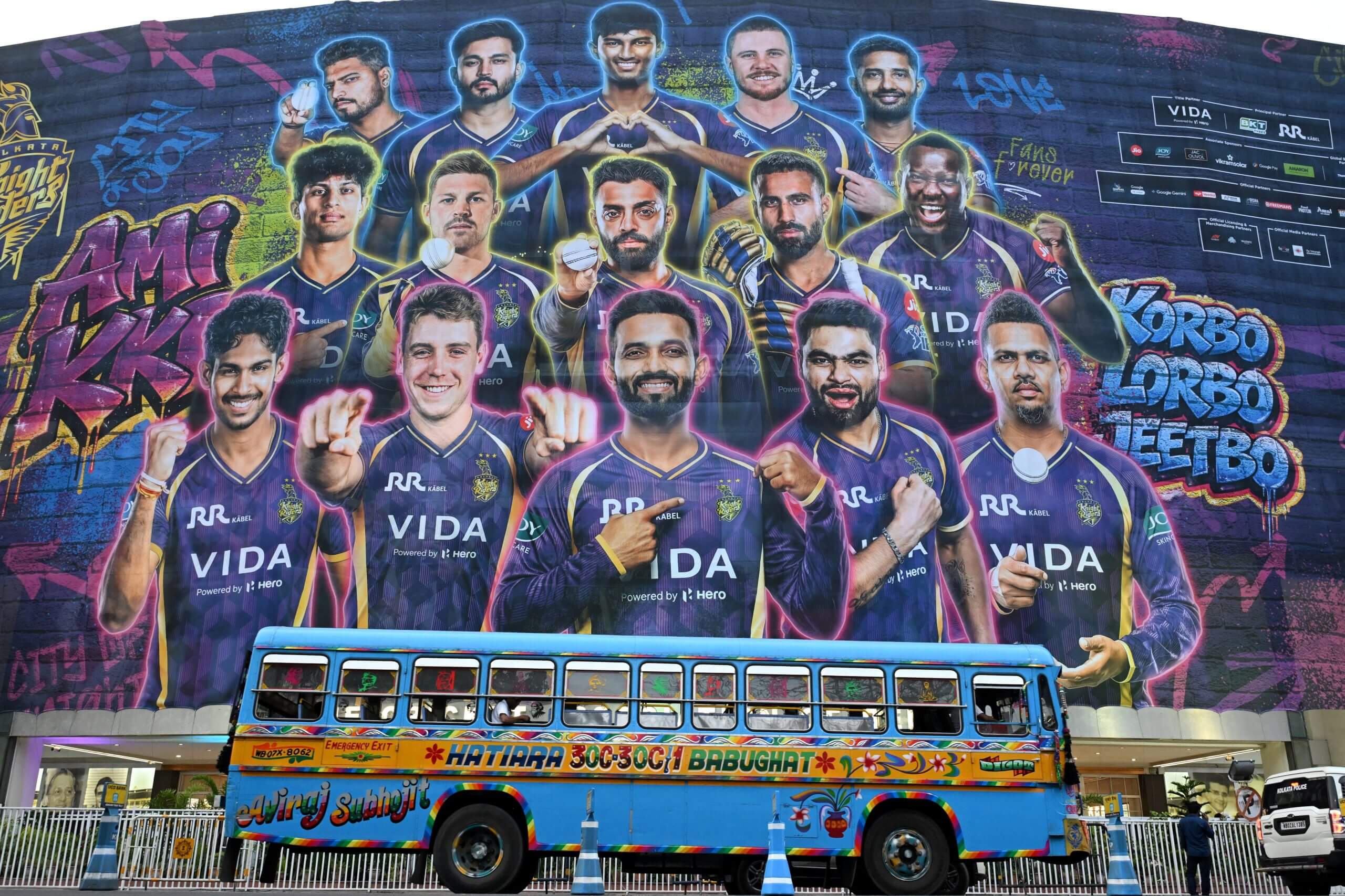 A billboard featuring the Kolkata Knight Riders team outside Eden Gardens in Kolkata