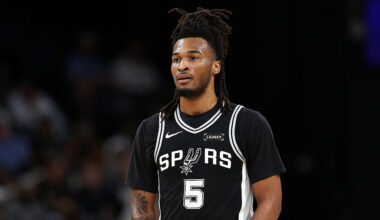 MEMPHIS, TENNESSEE - MARCH 25: Stephon Castle #5 of the San Antonio Spurs looks on during the game against the Memphis Grizzlies at FedExForum on March 25, 2026 in Memphis, Tennessee. NOTE TO USER: User expressly acknowledges and agrees that, by downloading and or using this photograph, User is consenting to the terms and conditions of the Getty Images License Agreement. (Photo by Justin Ford/Getty Images)