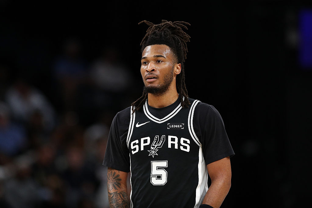 MEMPHIS, TENNESSEE - MARCH 25: Stephon Castle #5 of the San Antonio Spurs looks on during the game against the Memphis Grizzlies at FedExForum on March 25, 2026 in Memphis, Tennessee. NOTE TO USER: User expressly acknowledges and agrees that, by downloading and or using this photograph, User is consenting to the terms and conditions of the Getty Images License Agreement. (Photo by Justin Ford/Getty Images)