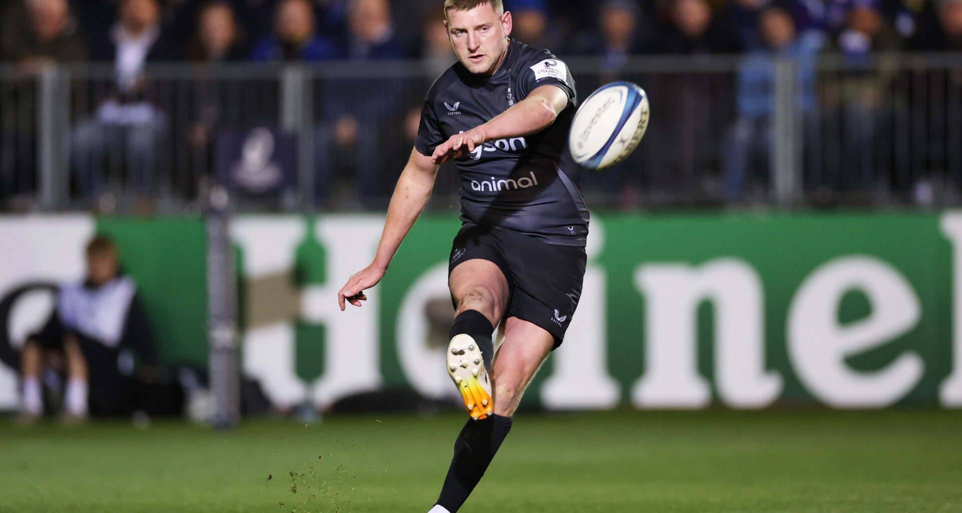 Bath's Finn Russell kicks a conversion during the 2026 Champions Cup quarter-final against Northampton Saints.