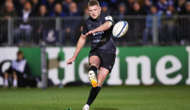 Bath's Finn Russell kicks a conversion during the 2026 Champions Cup quarter-final against Northampton Saints.