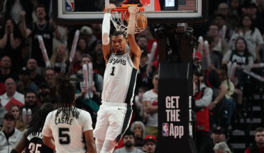 PORTLAND, OREGON - APRIL 26: Victor Wembanyama #1 of the San Antonio Spurs dunks during the second half of Game Four of the Western Conference First Round Playoffs against the Portland Trail Blazers at Moda Center on April 26, 2026 in Portland, Oregon. NOTE TO USER: User expressly acknowledges and agrees that, by downloading and or using this photograph, User is consenting to the terms and conditions of the Getty Images License Agreement. (Photo by Soobum Im/Getty Images)