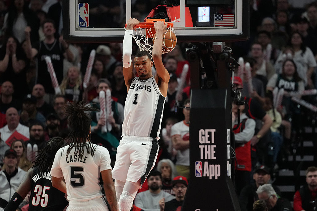 PORTLAND, OREGON - APRIL 26: Victor Wembanyama #1 of the San Antonio Spurs dunks during the second half of Game Four of the Western Conference First Round Playoffs against the Portland Trail Blazers at Moda Center on April 26, 2026 in Portland, Oregon. NOTE TO USER: User expressly acknowledges and agrees that, by downloading and or using this photograph, User is consenting to the terms and conditions of the Getty Images License Agreement. (Photo by Soobum Im/Getty Images)
