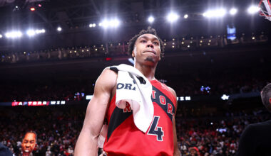 TORONTO, CANADA - MAY 1: Scottie Barnes #4 of the Toronto Raptors looks on after winning the game against the Cleveland Cavaliers during Round One Game Six of the 2026 NBA Playoffs on May 1, 2026 at the Scotiabank Arena in Toronto, Ontario, Canada. NOTE TO USER: User expressly acknowledges and agrees that, by downloading and or using this Photograph, user is consenting to the terms and conditions of the Getty Images License Agreement. Mandatory Copyright Notice: Copyright 2026 NBAE (Photo by Vaughn Ridley/NBAE via Getty Images)