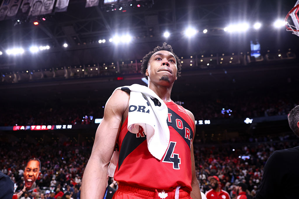 TORONTO, CANADA - MAY 1: Scottie Barnes #4 of the Toronto Raptors looks on after winning the game against the Cleveland Cavaliers during Round One Game Six of the 2026 NBA Playoffs on May 1, 2026 at the Scotiabank Arena in Toronto, Ontario, Canada. NOTE TO USER: User expressly acknowledges and agrees that, by downloading and or using this Photograph, user is consenting to the terms and conditions of the Getty Images License Agreement. Mandatory Copyright Notice: Copyright 2026 NBAE (Photo by Vaughn Ridley/NBAE via Getty Images)