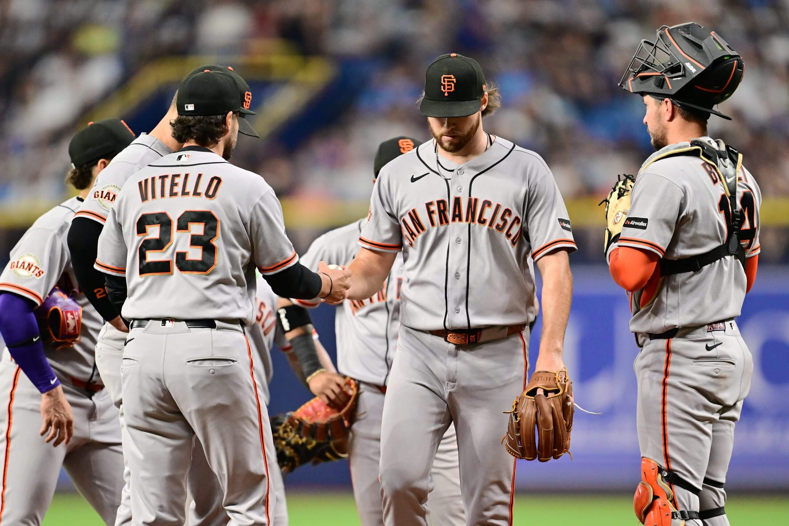 Manager Tony Vitello #23 of the San Francisco Giants relieves Landen Roupp #65 in the fifth inning of a game against the Tampa Bay Rays at Tropicana Field on May 02, 2026 in St Petersburg, Florida.