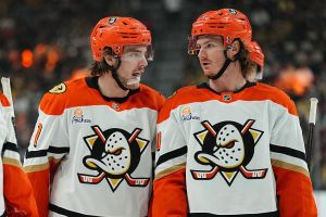 LAS VEGAS, NEVADA - MAY 04: Leo Carlsson #91 of the Anaheim Ducks talks with Drew Helleson #14 during the first period against the Vegas Golden Knights in Game One of the Second Round of the 2026 Stanley Cup Playoffs at T-Mobile Arena on May 04, 2026 in Las Vegas, Nevada. (Photo by Jeff Bottari/NHLI via Getty Images)