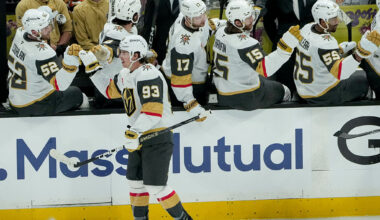 ANAHEIM, CA - MAY 8: Mitch Marner #93 of the Vegas Golden Knights celebrates his goal with teammates during the second period against the Anaheim Ducks in Game Three of the Second Round of the 2026 Stanley Cup Playoffs at Honda Center on May 8, 2026 in Anaheim, California. (Photo by Robert Binder/NHLI via Getty Images)
