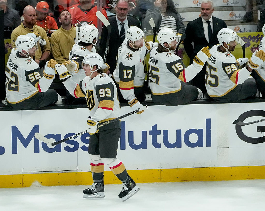 ANAHEIM, CA - MAY 8: Mitch Marner #93 of the Vegas Golden Knights celebrates his goal with teammates during the second period against the Anaheim Ducks in Game Three of the Second Round of the 2026 Stanley Cup Playoffs at Honda Center on May 8, 2026 in Anaheim, California. (Photo by Robert Binder/NHLI via Getty Images)