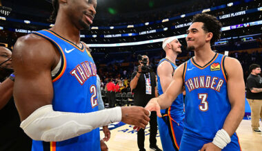 LOS ANGELES, CA - MAY 11: Shai Gilgeous-Alexander #2 and Jared McCain #3 of the Oklahoma City Thunder shake hands after the game against the Los Angeles Lakers during Round Two Game Four of the 2026 NBA Playoffs on May 11, 2026 at Crypto.Com Arena in Los Angeles, California. NOTE TO USER: User expressly acknowledges and agrees that, by downloading and/or using this Photograph, user is consenting to the terms and conditions of the Getty Images License Agreement. Mandatory Copyright Notice: Copyright 2026 NBAE (Photo by Adam Pantozzi/NBAE via Getty Images)