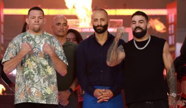 INGLEWOOD, CALIFORNIA - MAY 14: Nate Diaz and Mike Perry face off during the Press Conference for Netflix's Ronda Rousey vs. Gina Carano at Intuit Dome on May 14, 2026 in Inglewood, California. (Photo by Sarah Stier/Getty Images for Netflix)