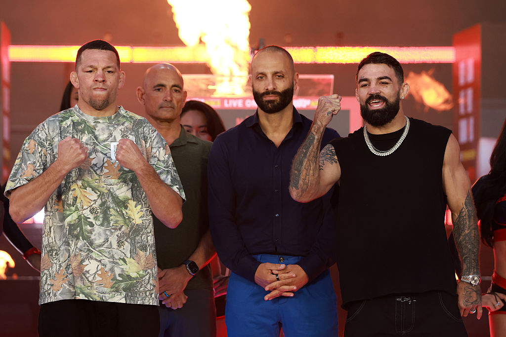 INGLEWOOD, CALIFORNIA - MAY 14: Nate Diaz and Mike Perry face off during the Press Conference for Netflix's Ronda Rousey vs. Gina Carano at Intuit Dome on May 14, 2026 in Inglewood, California. (Photo by Sarah Stier/Getty Images for Netflix)