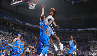 OKLAHOMA CITY, OK - MAY 20: Stephon Castle #5 of the San Antonio Spurs dunks the ball during the game against the Oklahoma City Thunder during Game Two of the NBA Western Conference Finals on May 20, 2026 at Paycom Center in Oklahoma City, Oklahoma. NOTE TO USER: User expressly acknowledges and agrees that, by downloading and or using this photograph, User is consenting to the terms and conditions of the Getty Images License Agreement. Mandatory Copyright Notice: Copyright 2026 NBAE (Photo by Jesse D. Garrabrant/NBAE via Getty Images)
