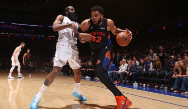 NEW YORK, NY - MAY 21: Karl-Anthony Towns #32 of the New York Knicks dribbles the ball during the game against the Cleveland Cavaliers during Game 2 of the NBA Eastern Conference Finals on May 21, 2026 at Madison Square Garden in New York City, New York. NOTE TO USER: User expressly acknowledges and agrees that, by downloading and or using this photograph, User is consenting to the terms and conditions of the Getty Images License Agreement. Mandatory Copyright Notice: Copyright 2026 NBAE (Photo by Nathaniel S. Butler/NBAE via Getty Images)