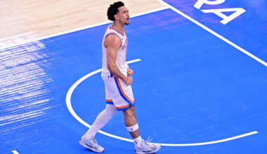 OKLAHOMA CITY, OKLAHOMA - MAY 26: Jared McCain #3 of the Oklahoma City Thunder celebrates during the fourth quarter of a game against the San Antonio Spurs in Game Five of the NBA Western Conference Finals at Paycom Center on May 26, 2026 in Oklahoma City, Oklahoma. NOTE TO USER: User expressly acknowledges and agrees that, by downloading and or using this photograph, User is consenting to the terms and conditions of the Getty Images License Agreement. (Photo by Joshua Gateley/Getty Images)