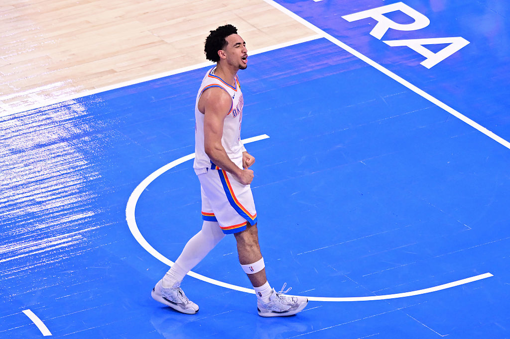 OKLAHOMA CITY, OKLAHOMA - MAY 26: Jared McCain #3 of the Oklahoma City Thunder celebrates during the fourth quarter of a game against the San Antonio Spurs in Game Five of the NBA Western Conference Finals at Paycom Center on May 26, 2026 in Oklahoma City, Oklahoma. NOTE TO USER: User expressly acknowledges and agrees that, by downloading and or using this photograph, User is consenting to the terms and conditions of the Getty Images License Agreement. (Photo by Joshua Gateley/Getty Images)