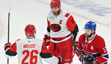 MONTREAL, CANADA - MAY 27: Jordan Staal #11 of the Carolina Hurricanes celebrates after scoring a goal against the Montreal Canadiens with Sean Walker #26 during the first period in Game Four of the Eastern Conference Final of the 2026 Stanley Cup Playoffs at Bell Centre on May 27, 2026 in Montreal, Quebec, Canada. (Photo by Minas Panagiotakis/Getty Images)