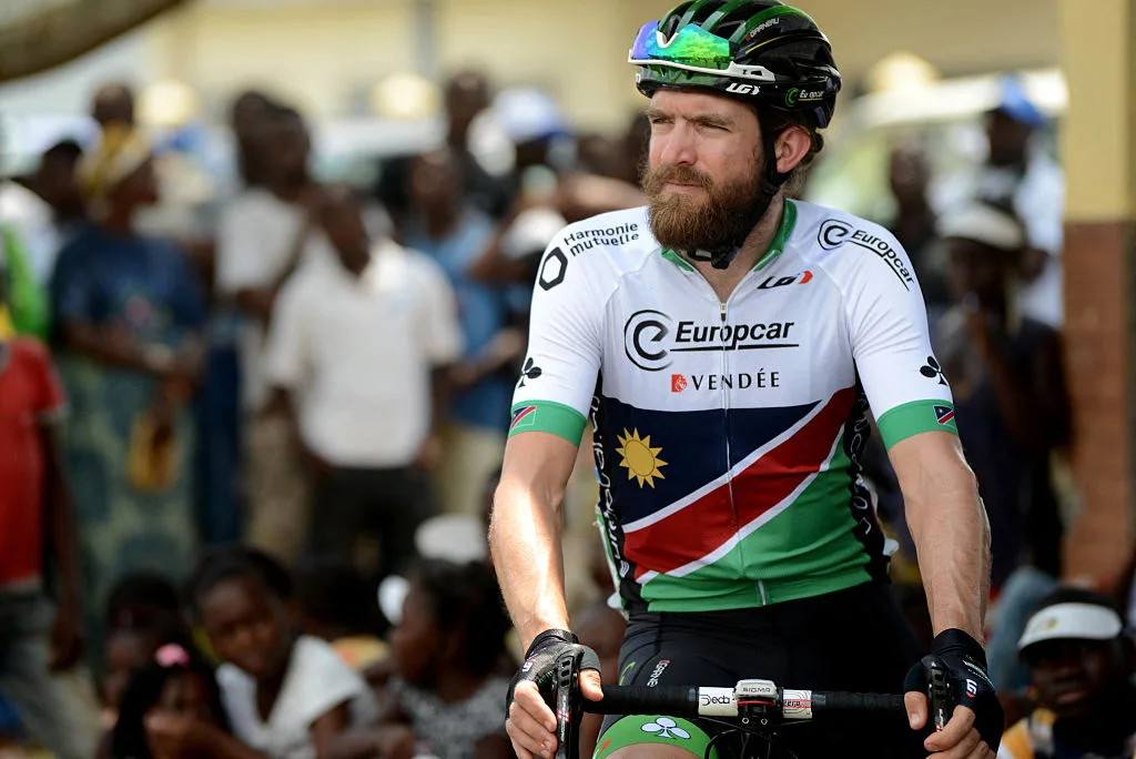 Namibia's Dan Craven of Europcar team, is pictured during the first stage of the 10th Tropicale Amissa Bongo cycling tour of Gabon, on February 16, 2015 between Bongoville-Moanda, eastern Gabon. AFP PHOTO / XAVIER BOURGOIS (Photo by XAVIER BOURGOIS / AFP) (Photo by XAVIER BOURGOIS/AFP via Getty Images)