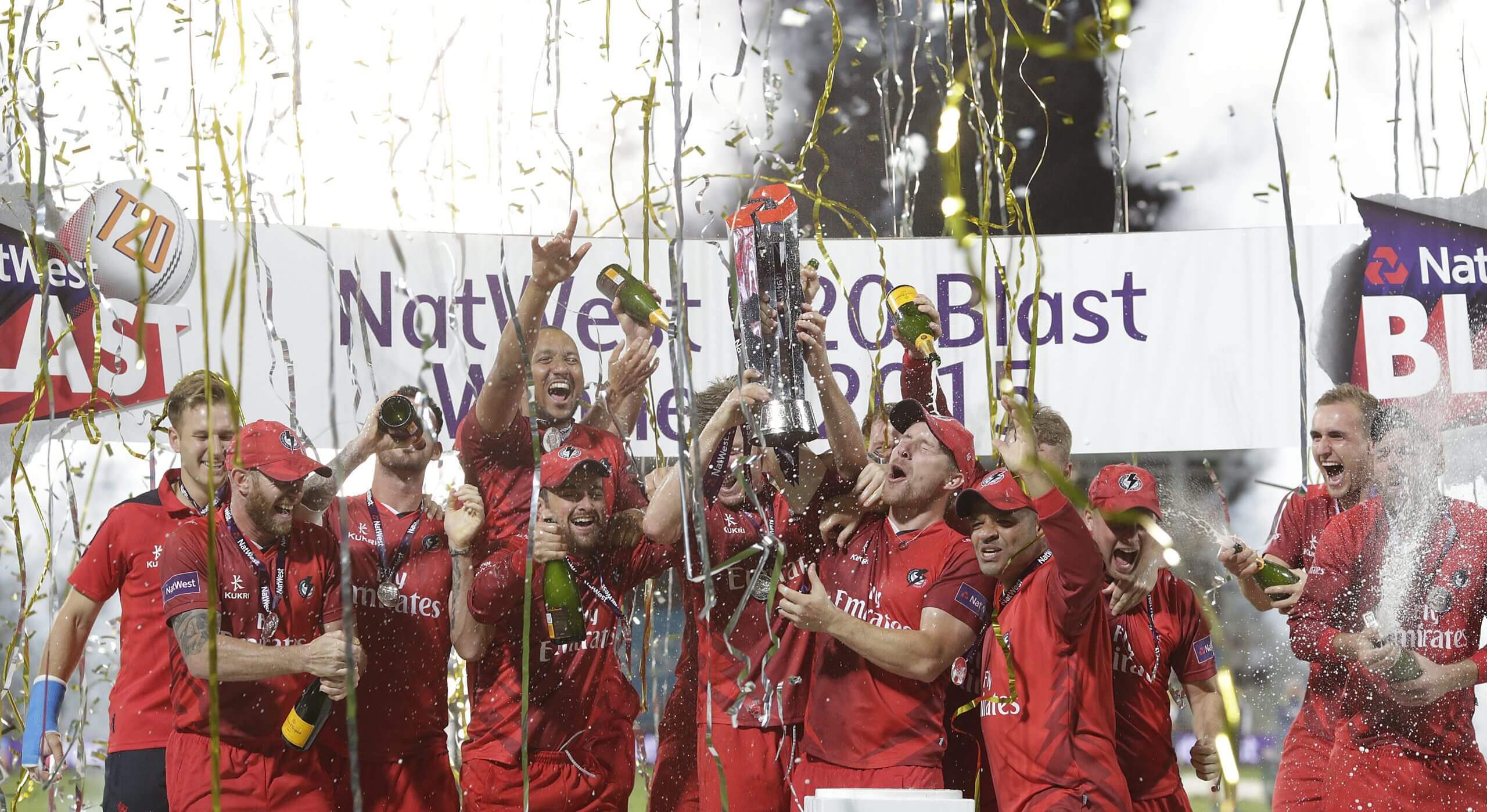 Lancashire celebrate winning the 2015 T20 Blast final against Northamptonshire