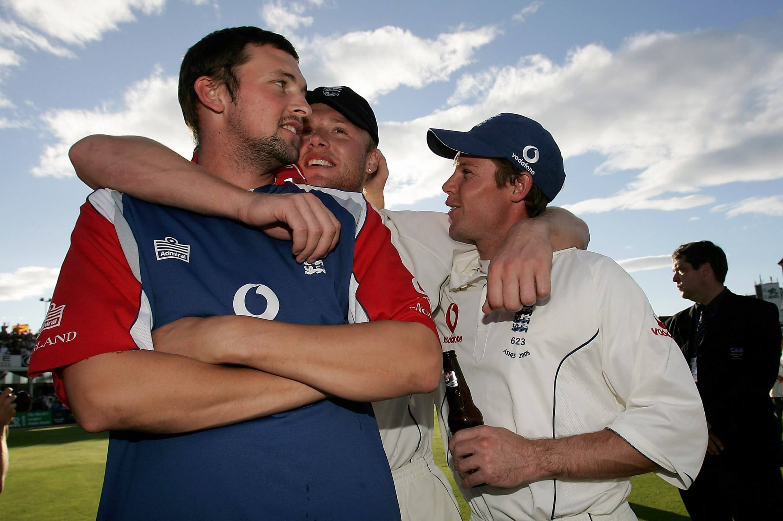 Stephen Harmison, Andrew Flintoff and wicketkeeper Geraint Jones celebrate England's victory in the fourth Ashes Test of 2005