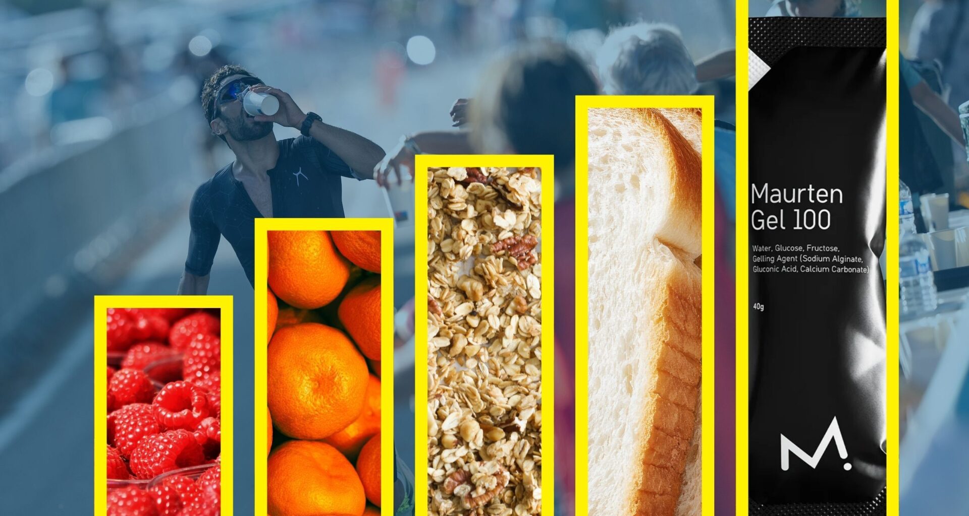 An image with various foods climbing a graph indicating how the glycemic index impacts a triathlete's blood sugar.