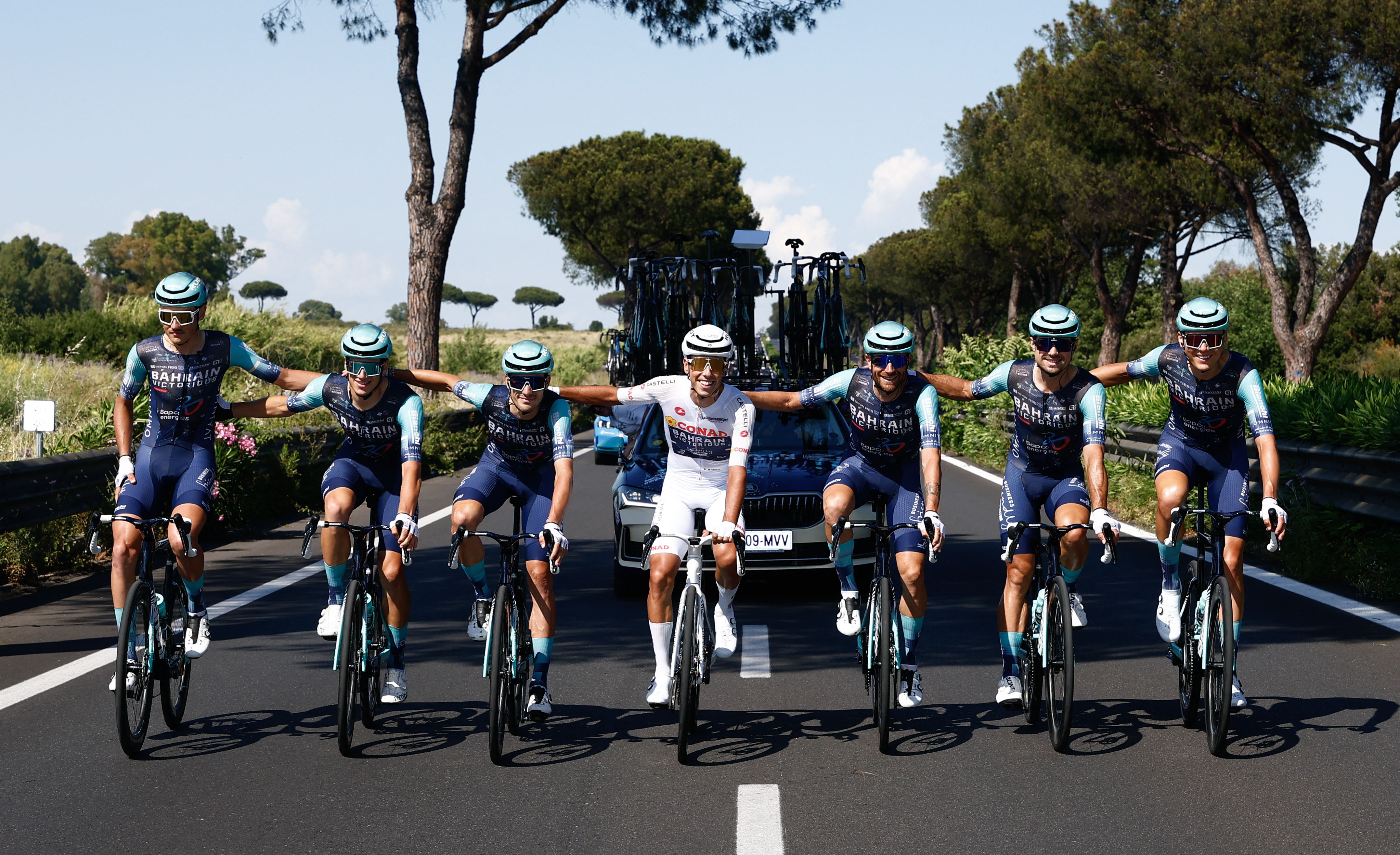 Bahrain - Victorious Portuguese rider Afonso Eulalio best young rider's white jersey rides flanked by his teammates during the 21th stage of the Giro d'Italia 2026 - Tour of Italy cycling race of 131km from Rome to Rome, Italy, on May 31, 2026. (Photo by Luca Bettini / AFP)