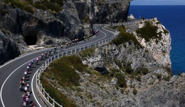 The pack rides at Noli Cape during the 12th stage of the Giro d'Italia 2026 - Tour of Italy cycling race between Imperia and Novi Ligure, Italy, on May 21, 2026. (Photo by Luca Bettini / AFP)