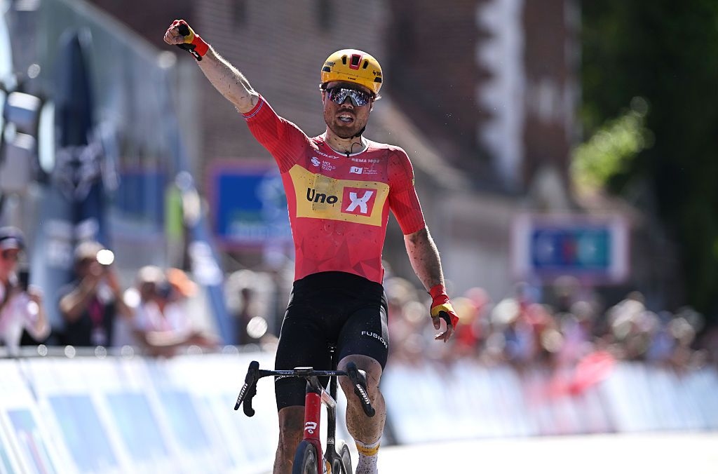 WALLERS ARENBERG, FRANCE - MAY 22: Rasmus Tiller of Norway and Team Uno-X Mobility celebrates at finish line as stage winner during the 70th 4 Jours de Dunkerque 2026, Stage 3 a 157.7km stage from La Sentinelle to Wallers Arenberg on May 22, 2026 in Wallers Arenberg, France. (Photo by Luc Claessen/Getty Images)