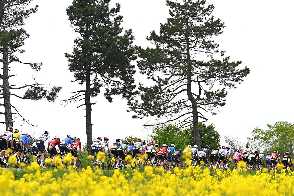 VELIKO TARNOVO, BULGARIA - MAY 09: A general view of the peloton passing through flowery landscape during the 109th Giro d&amp;apos;Italia 2026, Stage 2 a 221km stage from Burgas to Veliko Tarnovo / #UCIWT / on May 09, 2026 in Veliko Tarnovo, Bulgaria. (Photo by Tim de Waele/Getty Images)