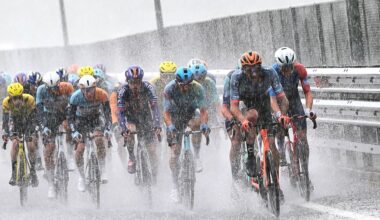 A general view of the peloton competing the peloton competing while it is raining heavily during the 109th Giro d'Italia