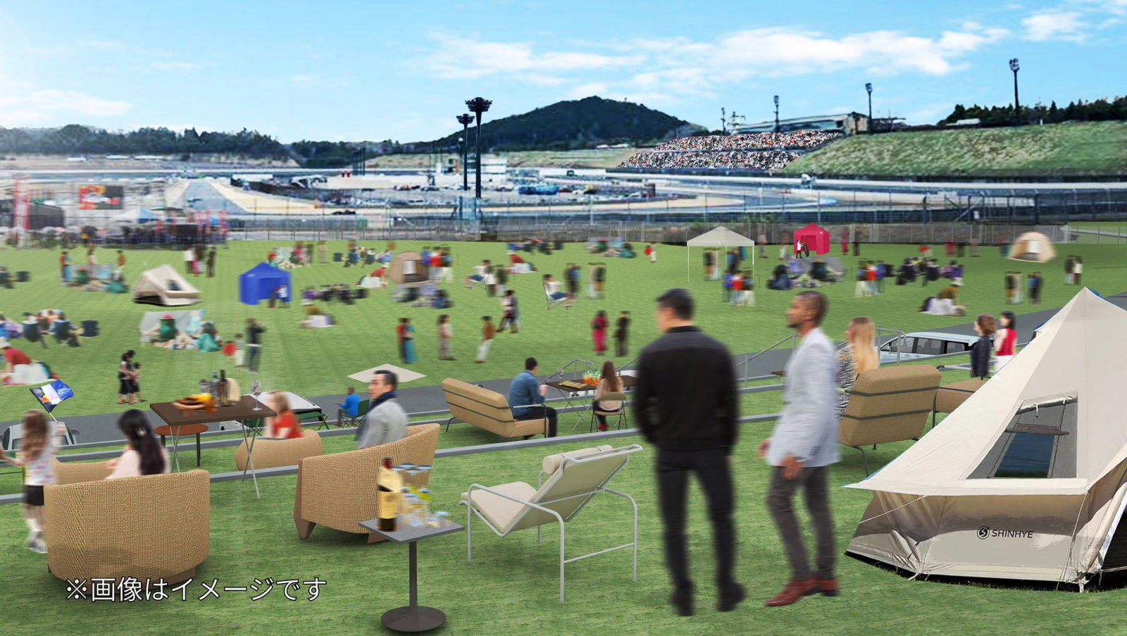 A view from the new green campsite at Mobility Resort Motegi.