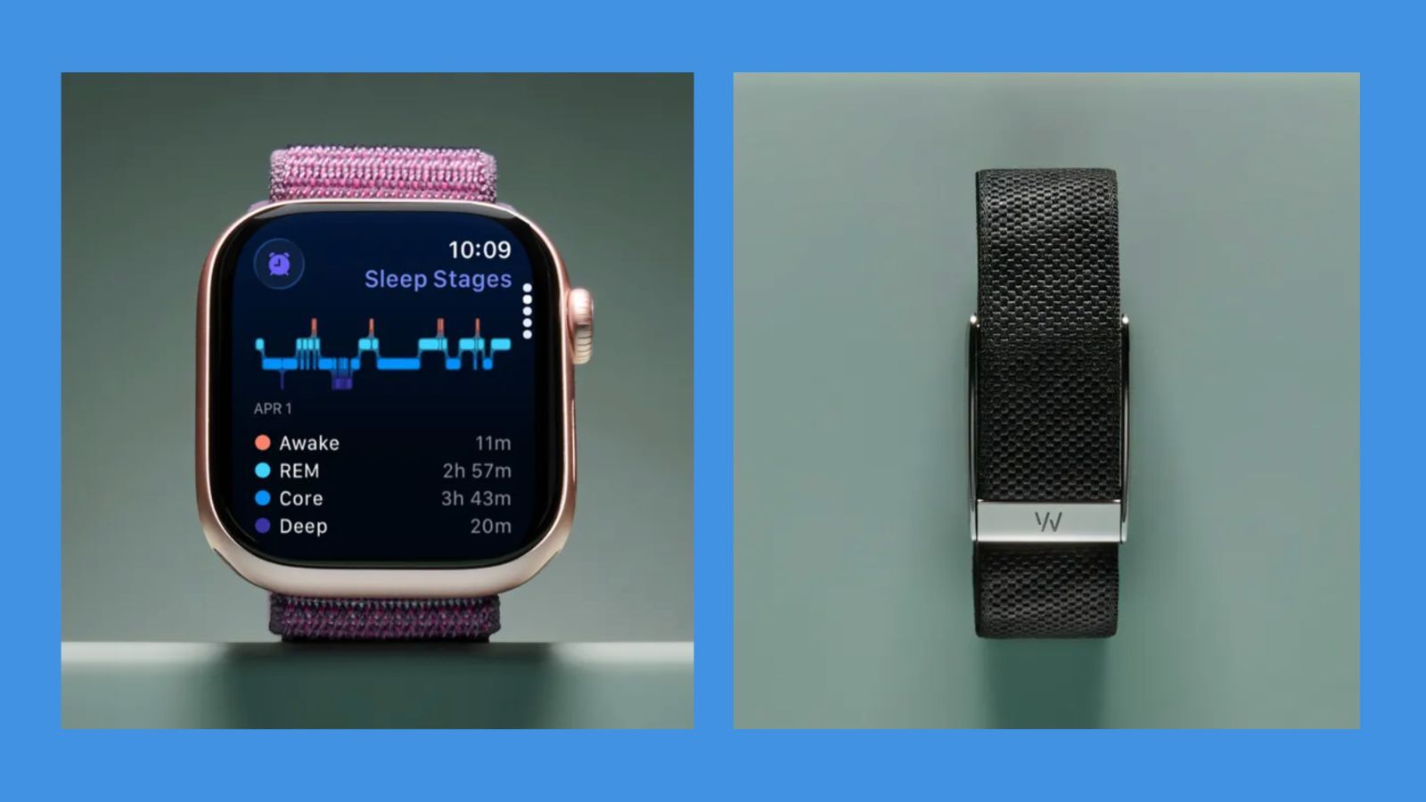 Rose gold Apple Watch with purple strap on sage green studio background (left). Black fabric Whoop fitness tracker with silver clasp on sage green studio background (right)