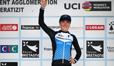 PLOUAY, FRANCE - AUGUST 30: Eline Jansen of Netherlands and Team VolkerWessels Cycling on third place poses on the podium ceremony after the 24th GP de Plouay - Lorient- Agglomeration Trophee 2025 a 165.3km one day race from Plouay to Plouay / #UCIWWT / on August 30, 2025 in Plouay, France. (Photo by Luc Claessen/Getty Images)