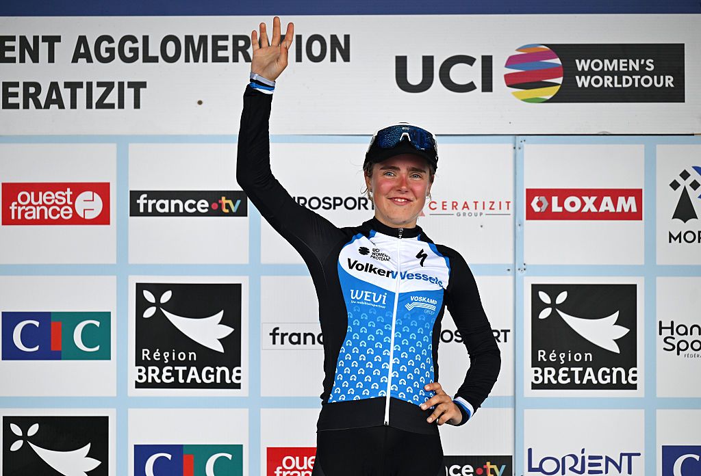 PLOUAY, FRANCE - AUGUST 30: Eline Jansen of Netherlands and Team VolkerWessels Cycling on third place poses on the podium ceremony after the 24th GP de Plouay - Lorient- Agglomeration Trophee 2025 a 165.3km one day race from Plouay to Plouay / #UCIWWT / on August 30, 2025 in Plouay, France. (Photo by Luc Claessen/Getty Images)