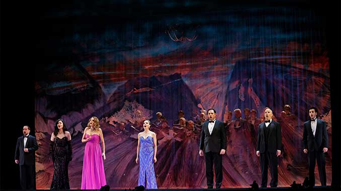Iain Henderson Shikara Ringdahl Rachelle Durkin Sian Sharp David Parkin Simon Meadows and Leon Vitogiannis in Opera Australia's 70th Anniversary Gala (2026) photo by Jeff Busby