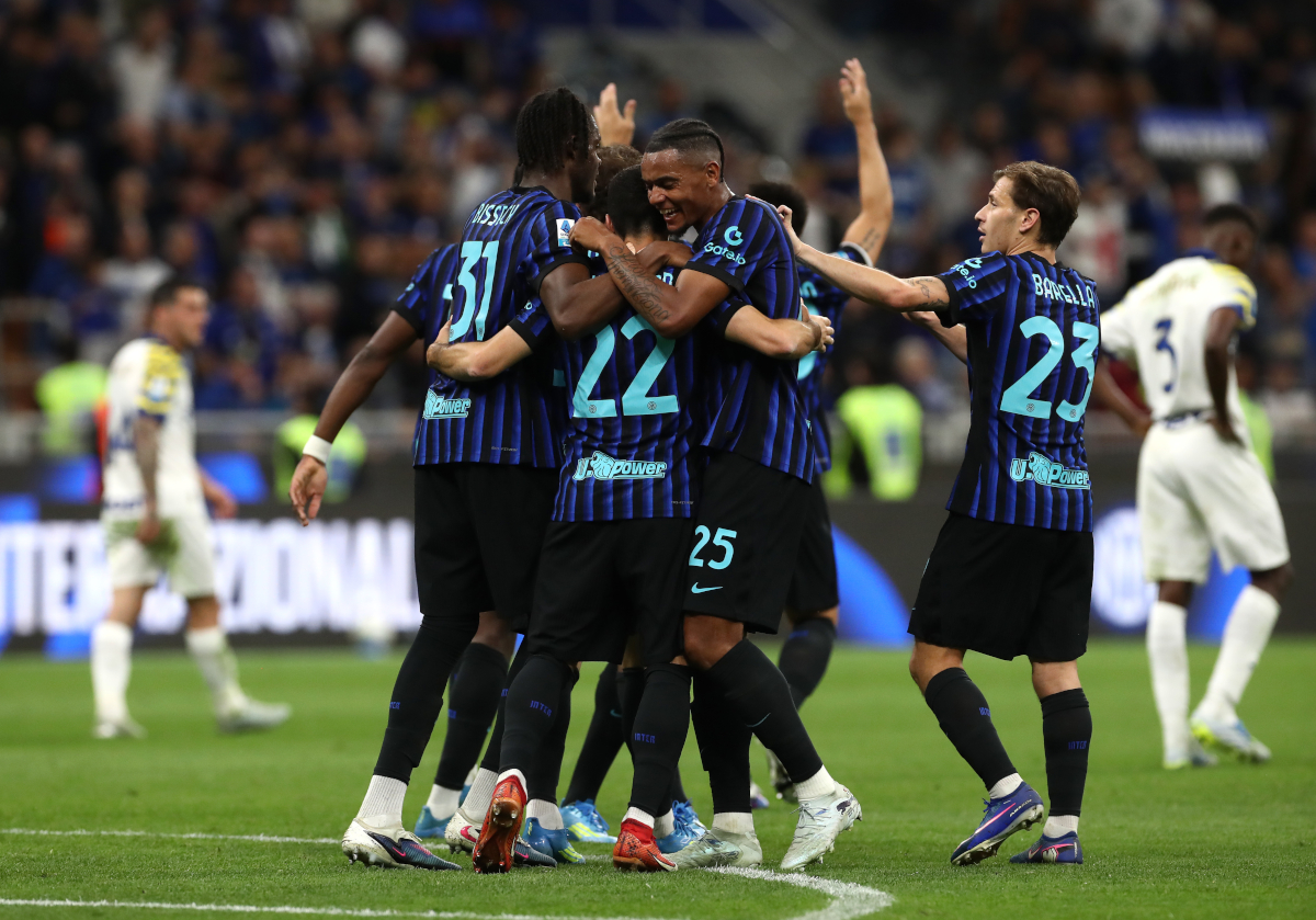 MILAN, ITALY - MAY 03: Henrikh Mkhitaryan of FC Internazionale Milano celebrates scoring his team's second goal with teammates during the Serie A match between FC Internazionale and Parma Calcio 1913 at Giuseppe Meazza Stadium on May 03, 2026 in Milan, Italy. (Photo by Marco Luzzani/Getty Images)