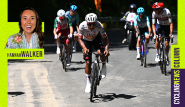 Photo of Jhonatan Narvaez attacking the breakaway during a stage of the Giro d'Italia, overlaid with Cyclingnews column graphics and a smiling photo of Hannah Walker