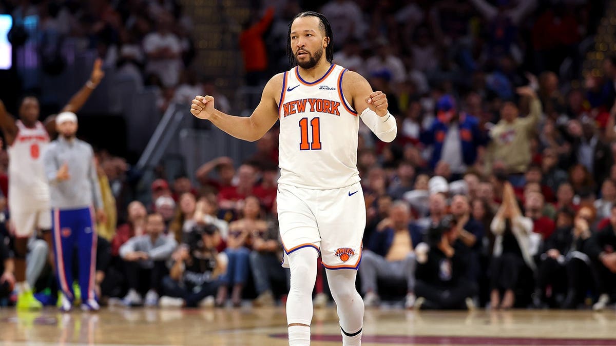Jalen Brunson of the New York Knicks celebrating a basket during an NBA game.