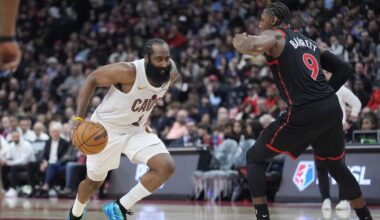 Apr 23, 2026; Toronto, Ontario, CAN; Cleveland Cavaliers guard James Harden (1) drives to the net against Toronto Raptors forward RJ Barrett (9) during the second half of game three of the first round of the 2026 NBA Playoffs at Scotiabank Arena. Mandatory Credit: John E. Sokolowski-Imagn Images