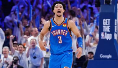 May 20, 2026; Oklahoma City, Oklahoma, USA; Oklahoma City Thunder guard Jared McCain (3) reacts to a play during the fourth quarter against the San Antonio Spurs during game two of the western conference finals for the 2026 NBA playoffs at Paycom Center. Mandatory Credit: Alonzo Adams-Imagn Images