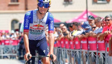 Red Bull - BORA - hansgrohe Italian rider Giulio Pellizzari arrives at the presentation prior the 17th stage of the Giro d'Italia 2026 - Tour of Italy cycling race between Cassano d'Adda and Andalo, Italy, on May 27, 2026. (Photo by Luca Bettini / AFP via Getty Images)