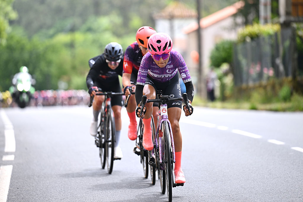 Marina Garau (Vini Fantini-BePink) leads a chasing group during stage 3 of the 2026 La Vuelta Femenina 2026. (Photo by Szymon Gruchalski/Getty Images)