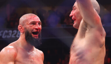 Khamzat Chimaev and Sean Strickland after UFC 328 fight