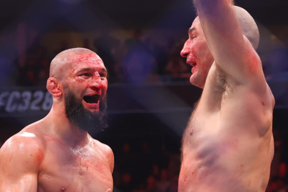 Khamzat Chimaev and Sean Strickland after UFC 328 fight