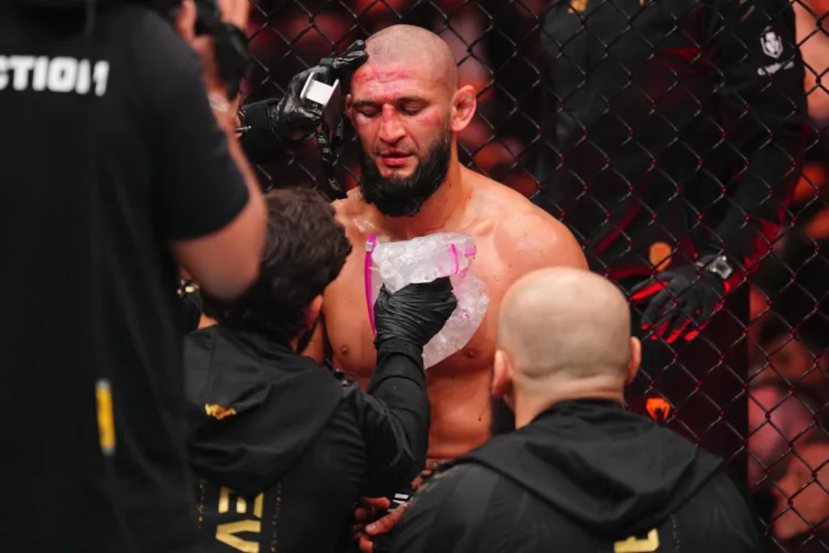 Khazmat Chimaev in his corner during UFC 328