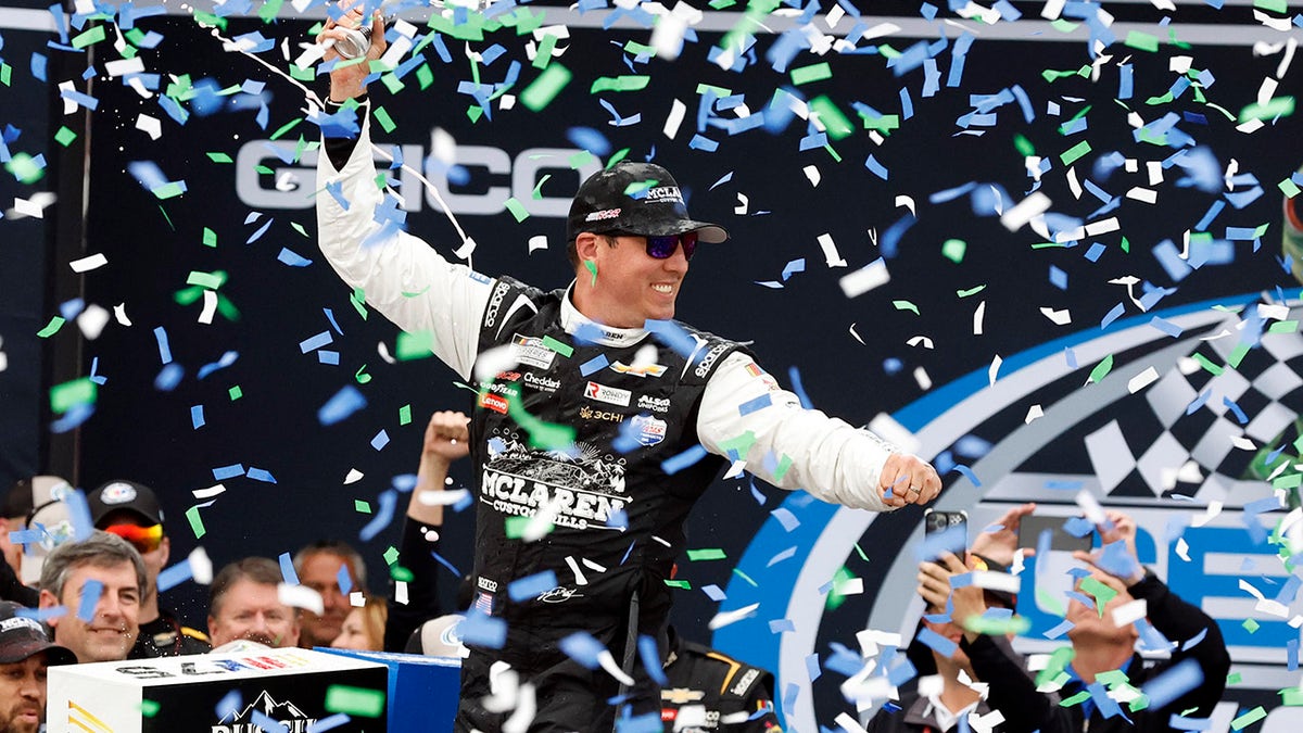 Kyle Busch celebrating in Victory Lane at Talladega Superspeedway