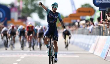 NOVI LIGURE, ITALY - MAY 21: Alec Segaert of Belgium and Team Bahrain - Victorious celebrates at finish line as stage winner during the 109th Giro d&amp;apos;Italia 2026, Stage 12 a 175km stage from Imperia to Novi Ligure / #UCIWT / on May 21, 2026 in Novi Ligure, Italy. (Photo by Dario Belingheri/Getty Images)