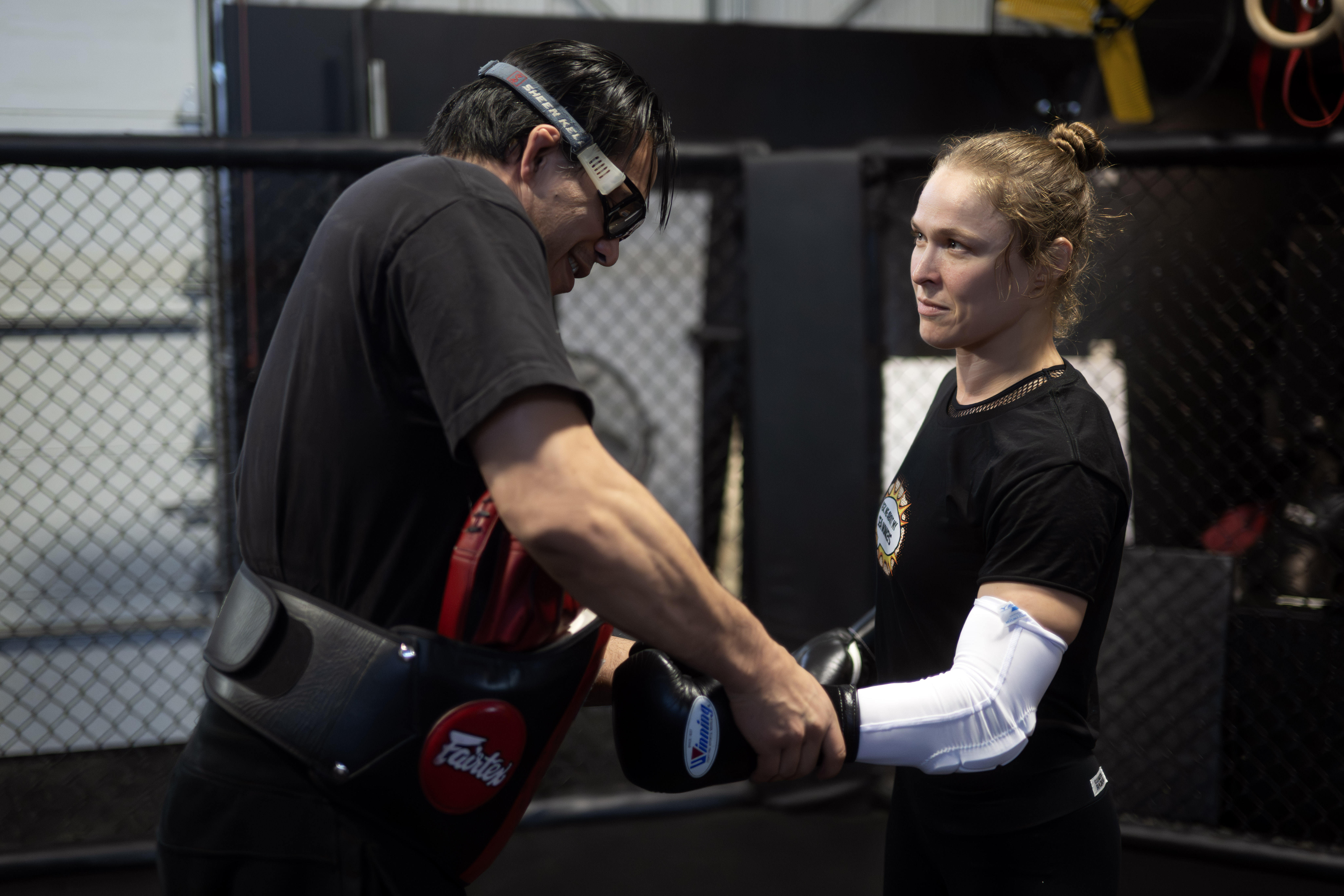 Former UFC champion and Olympic medalist Ronda Rousey prepares for...