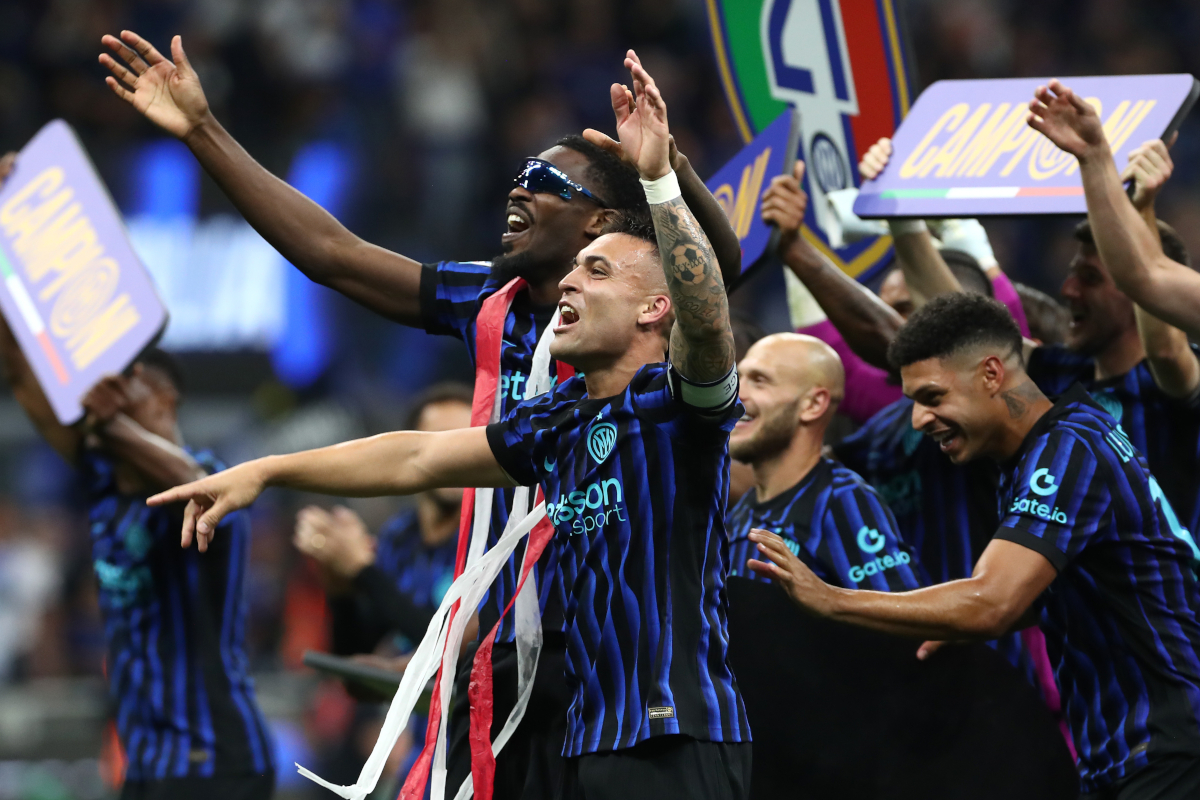 MILAN, ITALY - MAY 03: Marcus Thuram and Lautaro Martinez of FC Internazionale Milano celebrate after being confirmed as Serie A champions following victory in the Serie A match between FC Internazionale and Parma Calcio 1913 at Giuseppe Meazza Stadium on May 03, 2026 in Milan, Italy. (Photo by Marco Luzzani/Getty Images)