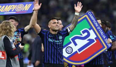 MILAN, ITALY - MAY 03: Lautaro Martinez of FC Internazionale Milano celebrates after being confirmed as Serie A champions following victory in the Serie A match between FC Internazionale and Parma Calcio 1913 at Giuseppe Meazza Stadium on May 03, 2026 in Milan, Italy. (Photo by Marco Luzzani/Getty Images)
